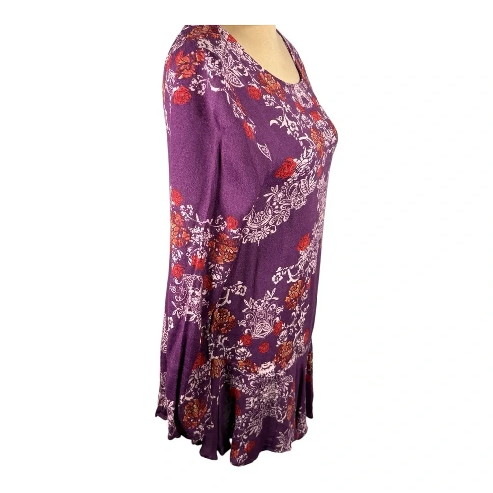 Free People Smooth Talker Purple Floral Open Back Long Sleeved Ruffled Tunic Top